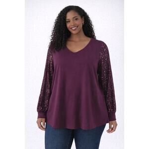 Belle by Kim Gravel Plum Sequin Sleeve Knit Top Size 2X NWOT Stretch Blouse